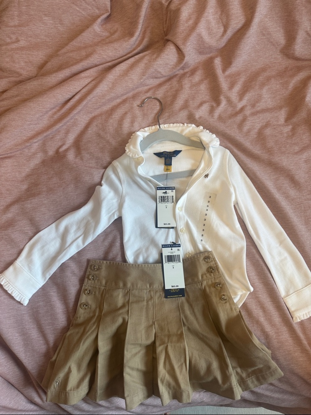 Ralph Lauren White Ruffle Collar Long-Sleeve Top with Khaki Pleated Skirt